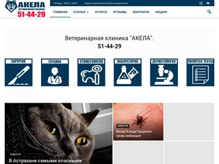 Ветеринарная клиника Акела, находится в городе Астрахани, проводим стерилизацию, кастрацию, вакцинацию, купирование ушей, купирование хвостов, родовспоможение. (Россия, Астраханская область, Астрахань)